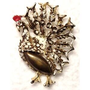 Turkey Brooch Pin 2" Goldtone White Enamel Holiday Thanksgiving Xmas Vintage